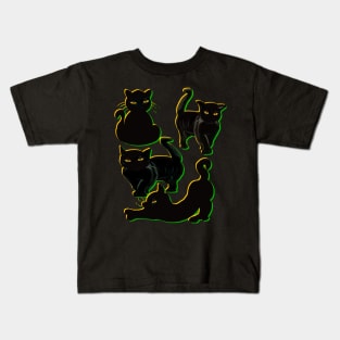 Cats silhouette with yellow and green outline Cat themed gifts for women and men Kids T-Shirt